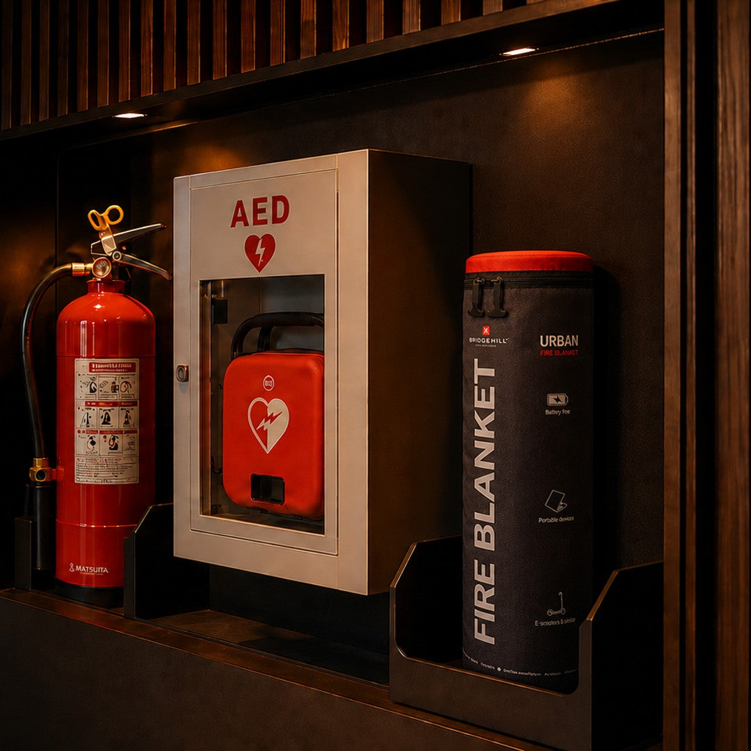Couverture anti-feu URBAN Portable à côté d’un défibrillateur